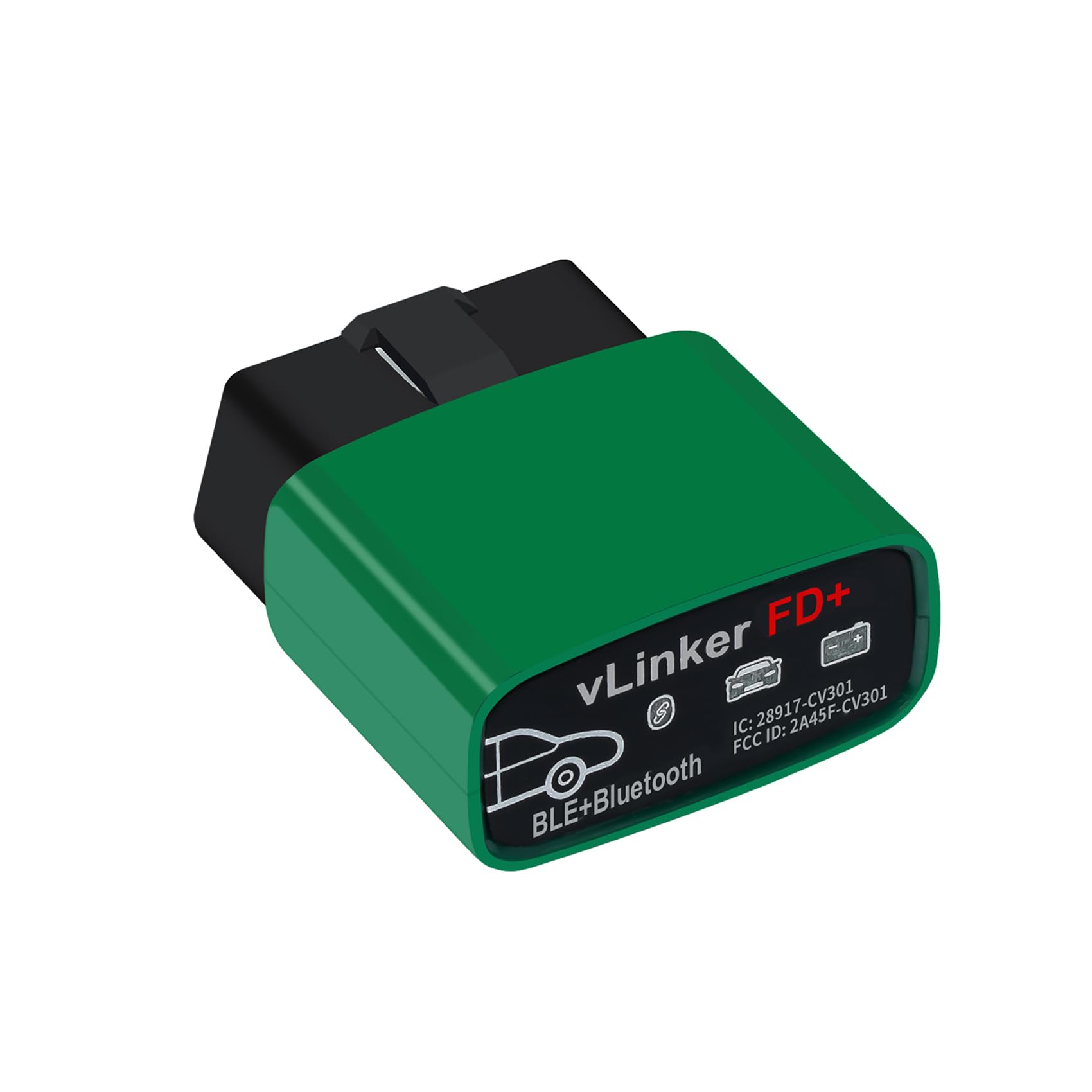 vLinker FD+ front view showing compact OBD2 adapter and branding benefits