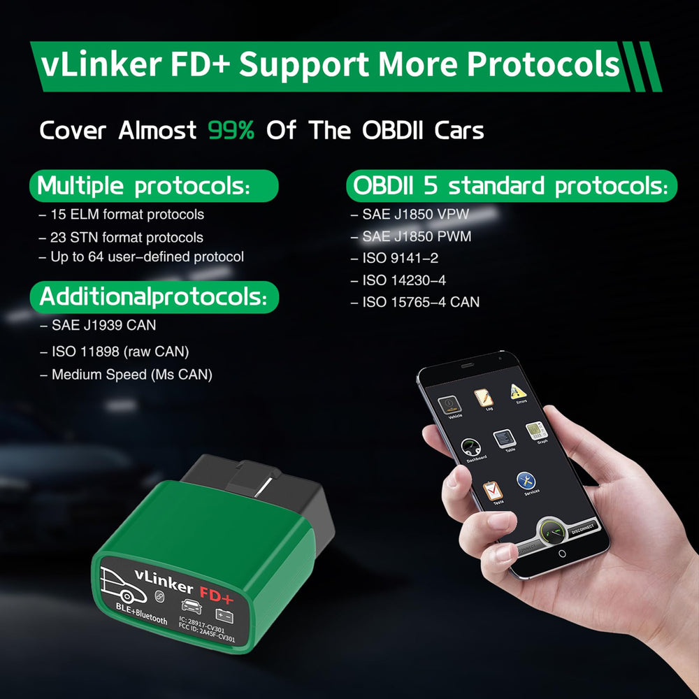 vLinker FD+ retail packaging with warranty card and quick-start information
