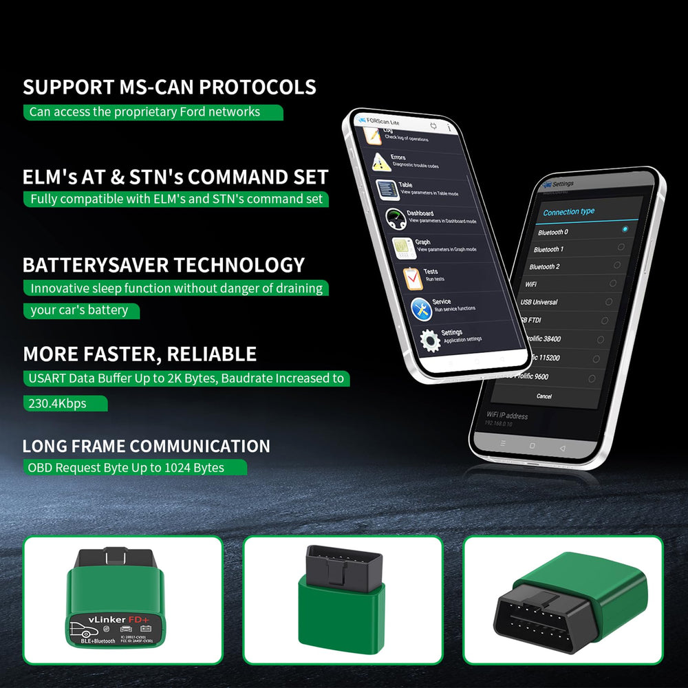 vLinker FD+ connected to iOS with FORScan app for manufacturer-level access