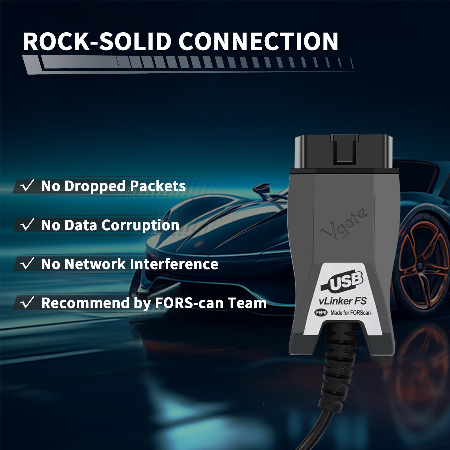 vLinker USB cable detail demonstrating fast, stable USB data link
