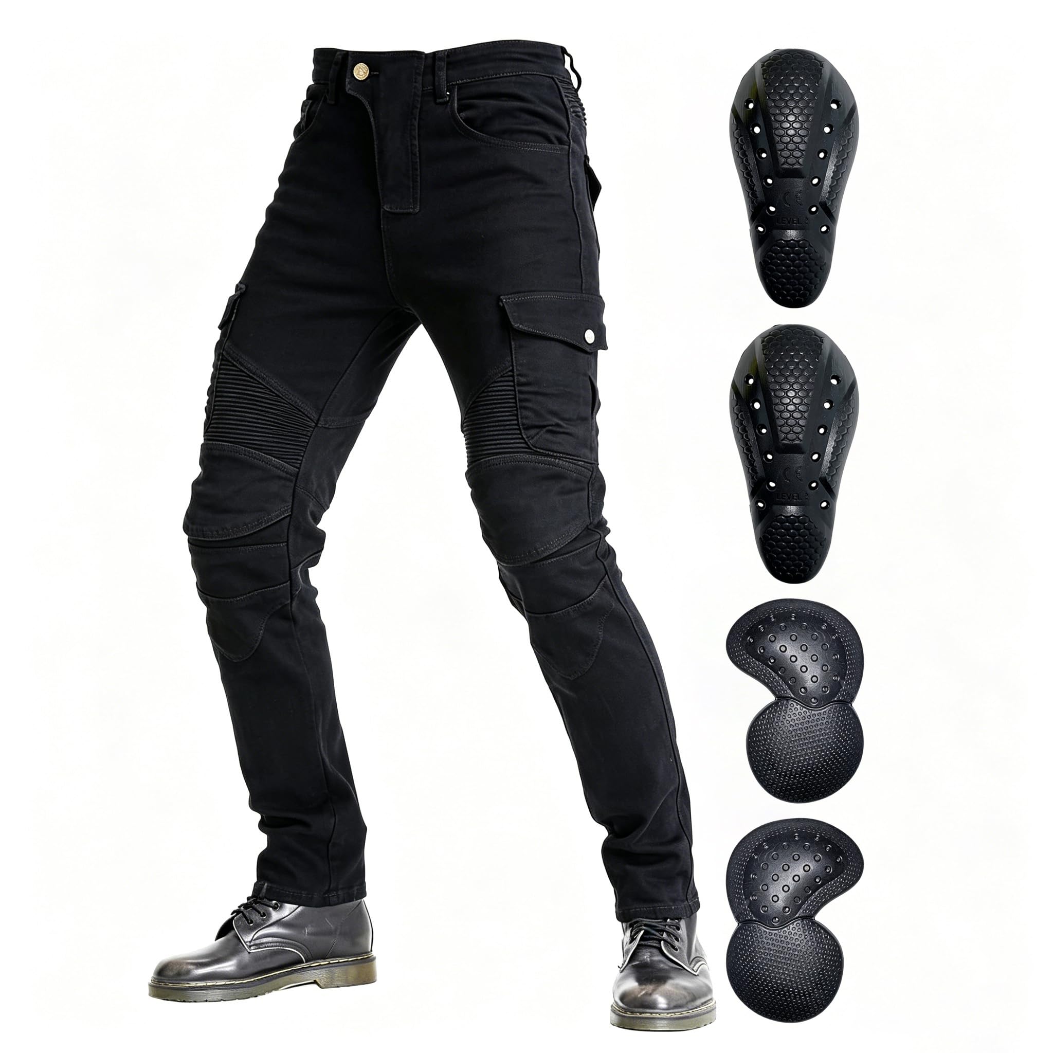 VNFOX front view of black motorcycle jeans showing slim straight fit and pockets for style