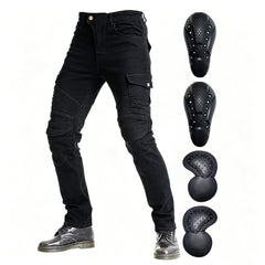 VNFOX front view of black motorcycle jeans showing slim straight fit and pockets for style