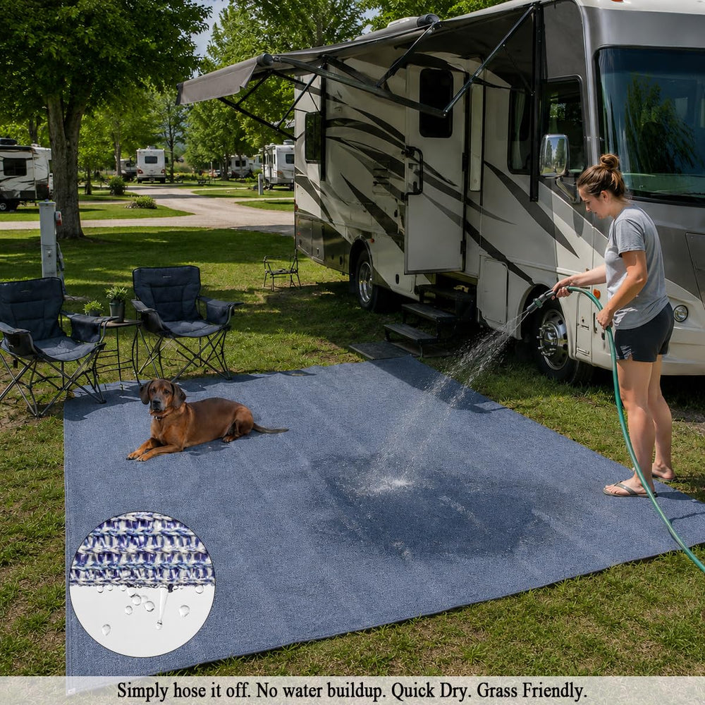 Vocray mat in use at an RV patio with chairs for spacious outdoor living