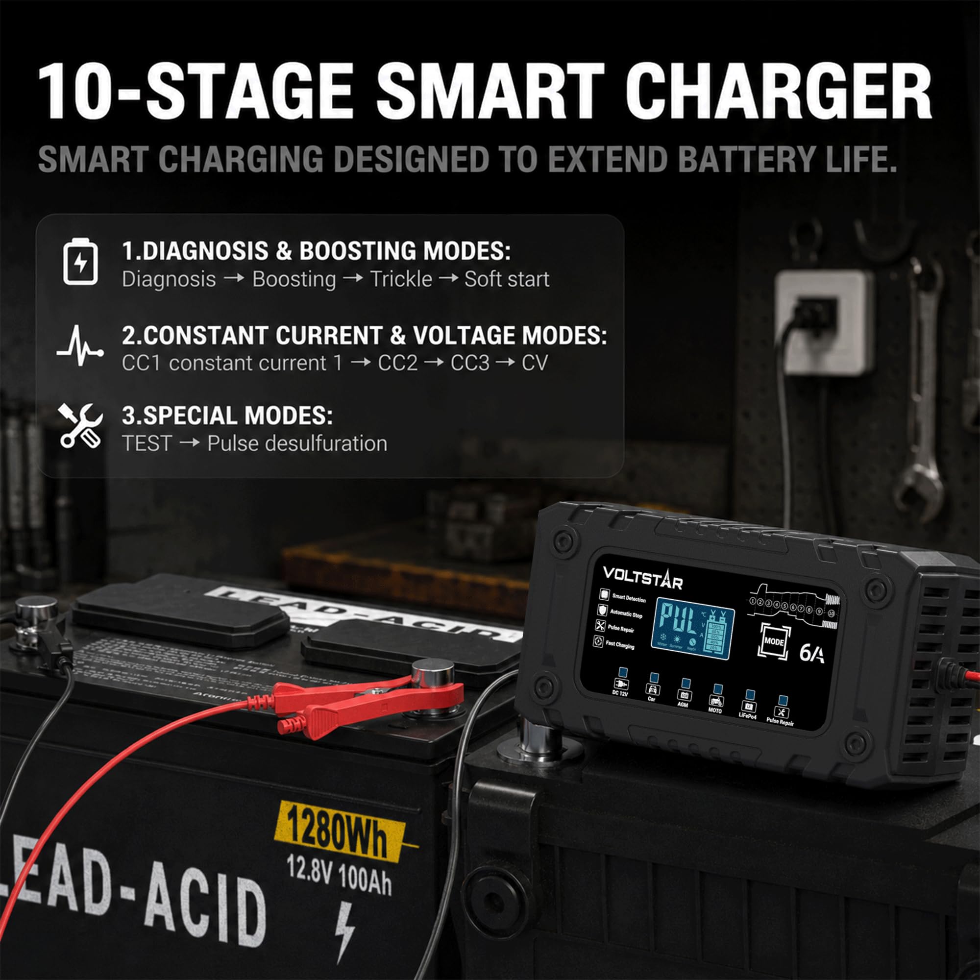 Voltstar charger cable stretched to show 7.71-foot reach for flexible placement