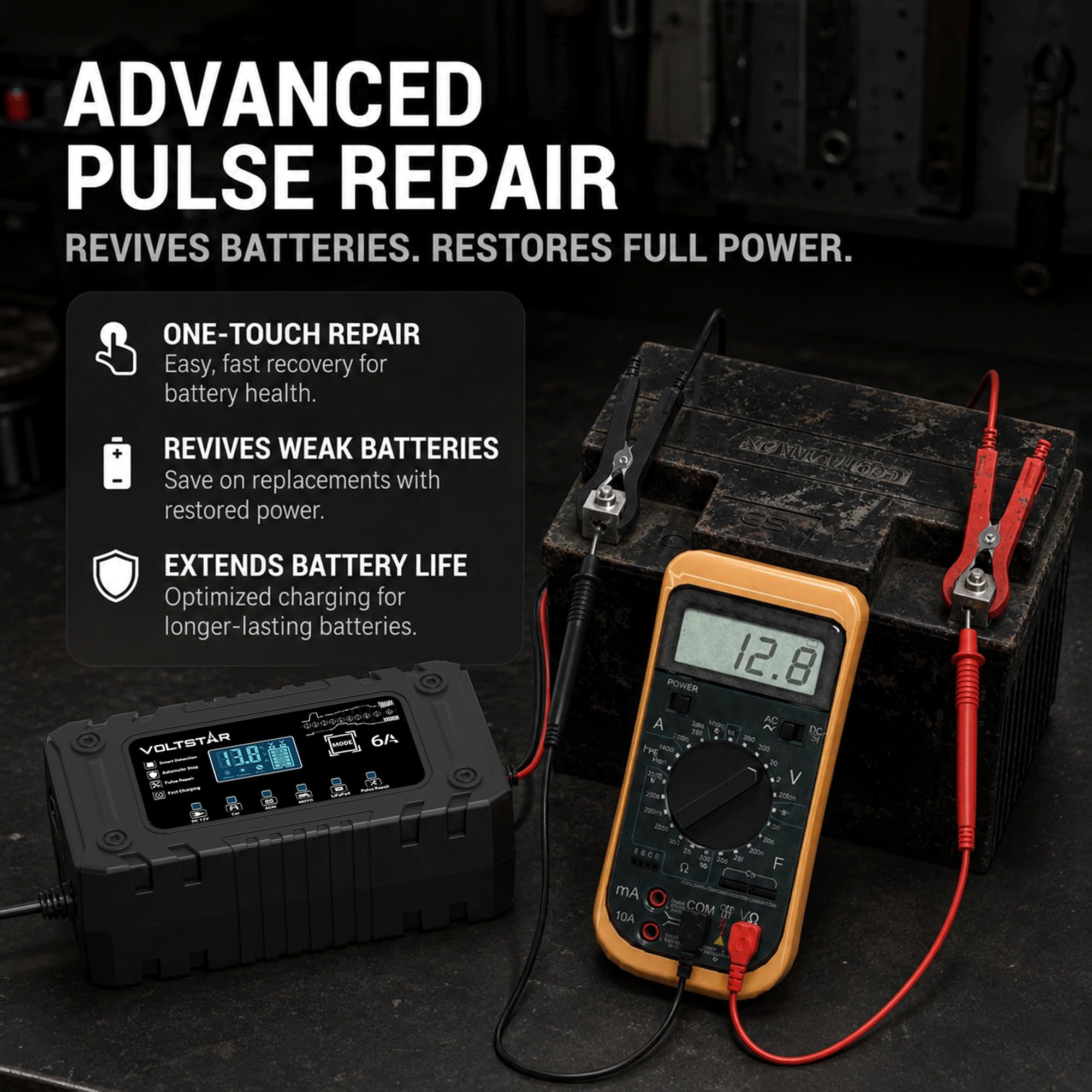 Voltstar top label close-up showing specifications and battery-type icons for clarity