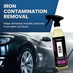 Vonixx Izer purple reaction on alloy wheel highlighting active iron removal and visible cleaning confirmation