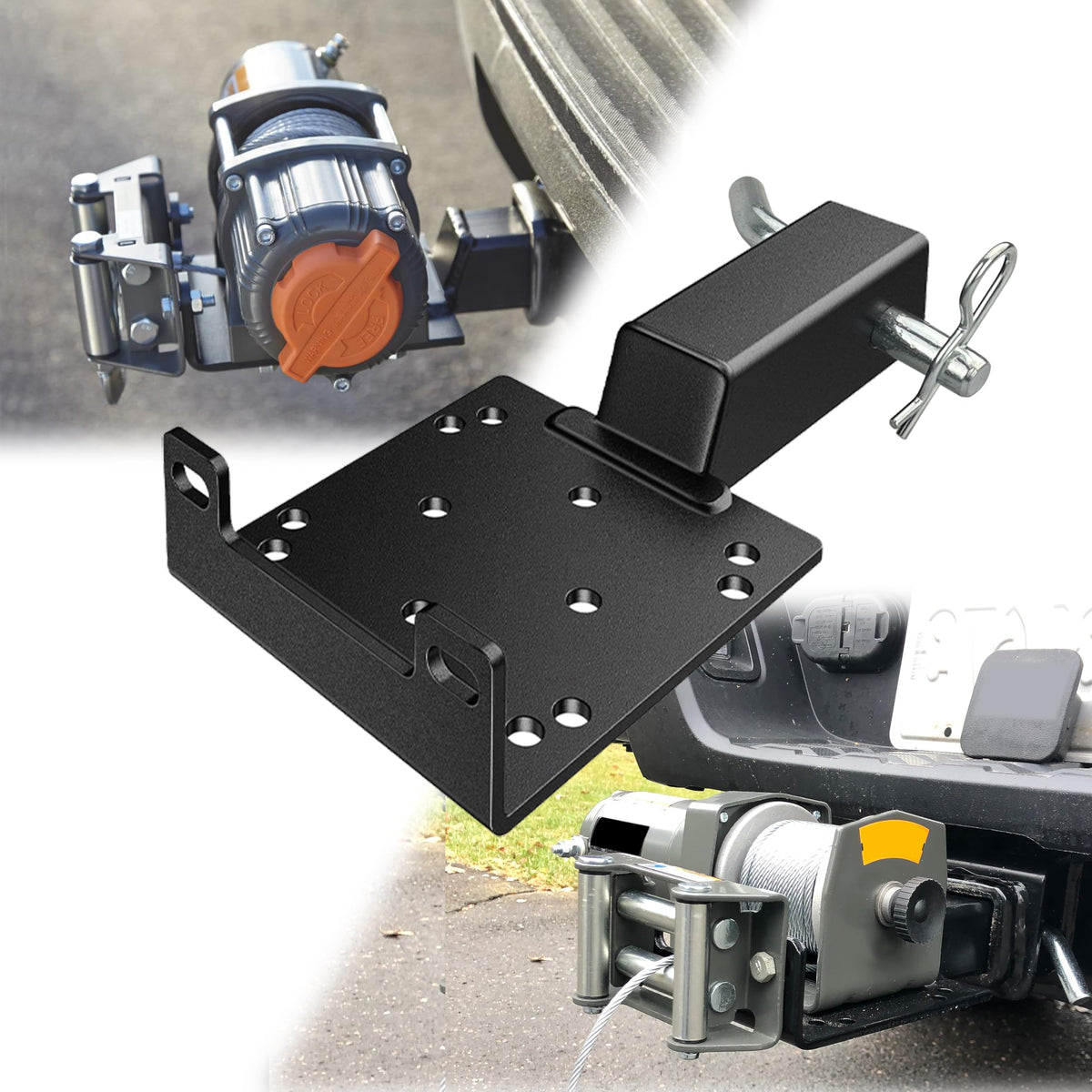 VONLX front view mounted on hitch showing stable winch support and protection
