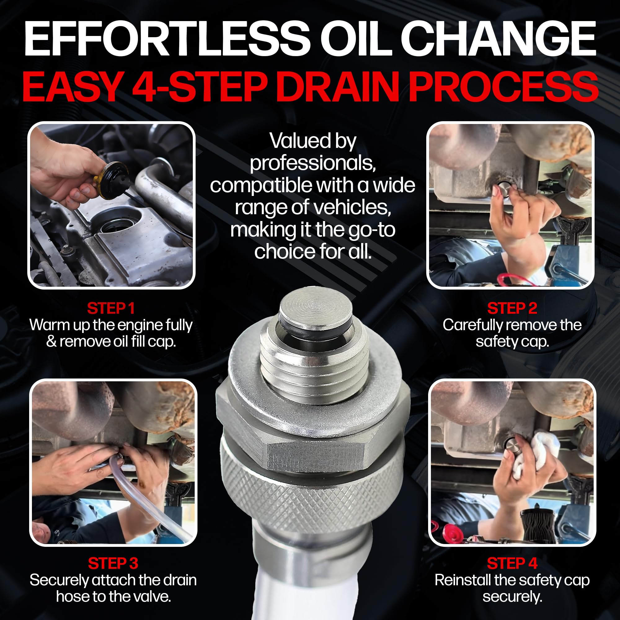 Votex 12-inch drain hose attached to valve, benefits fast controlled flow