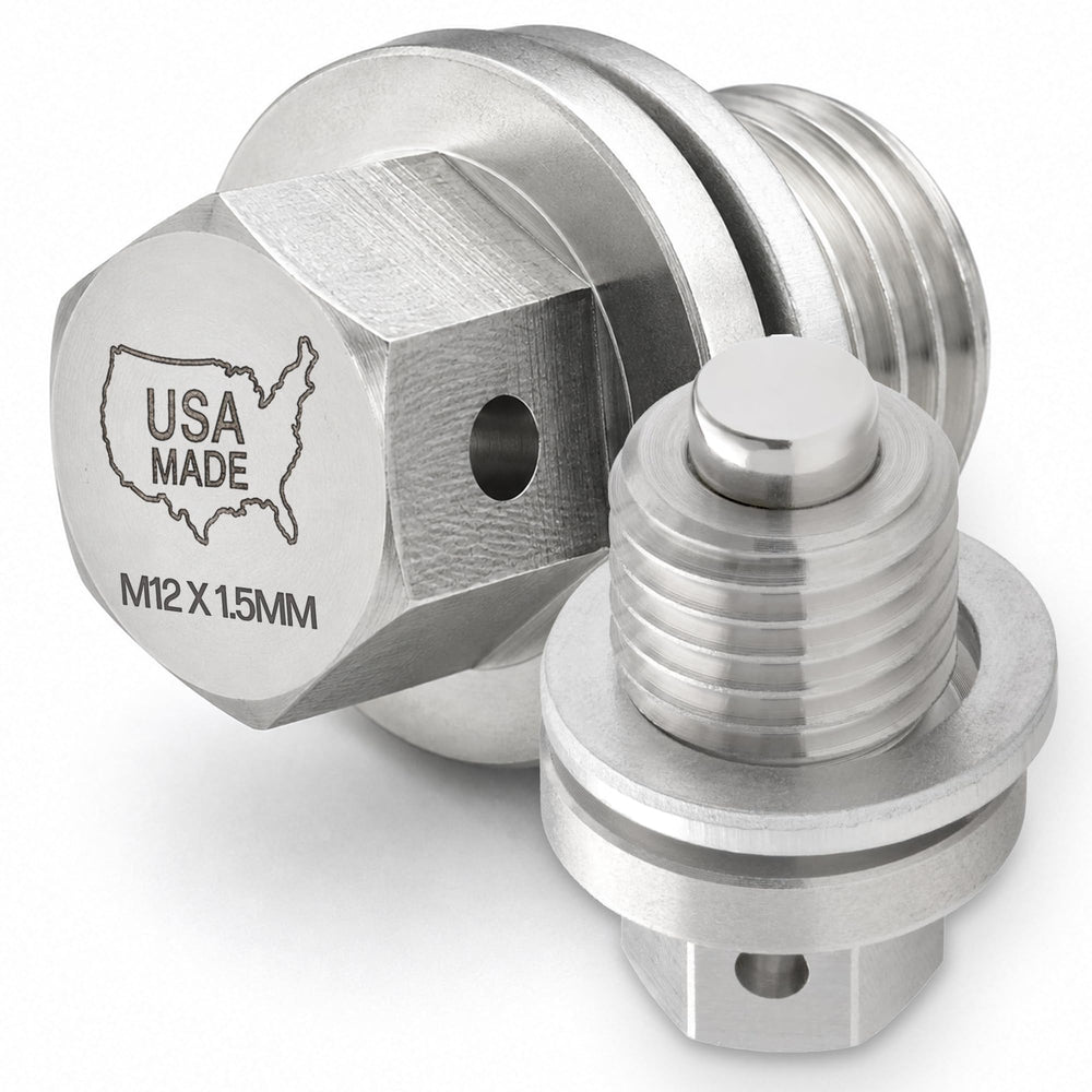Votex front view of stainless steel drain plug showing machined finish and fitment benefit