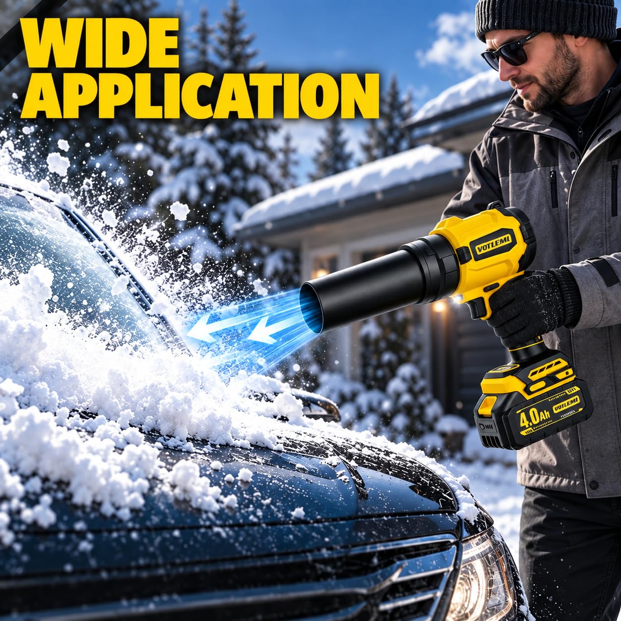VOTLEMI in use blowing leaves on driveway, fast debris removal benefit