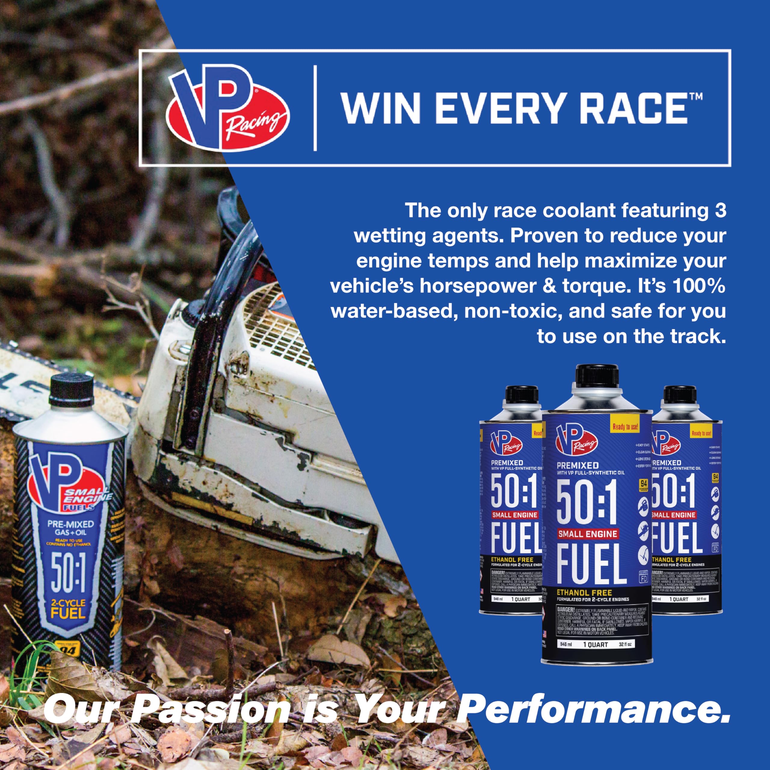 VP Racing Fuels quart bottle close-up displaying clear labeling and durability