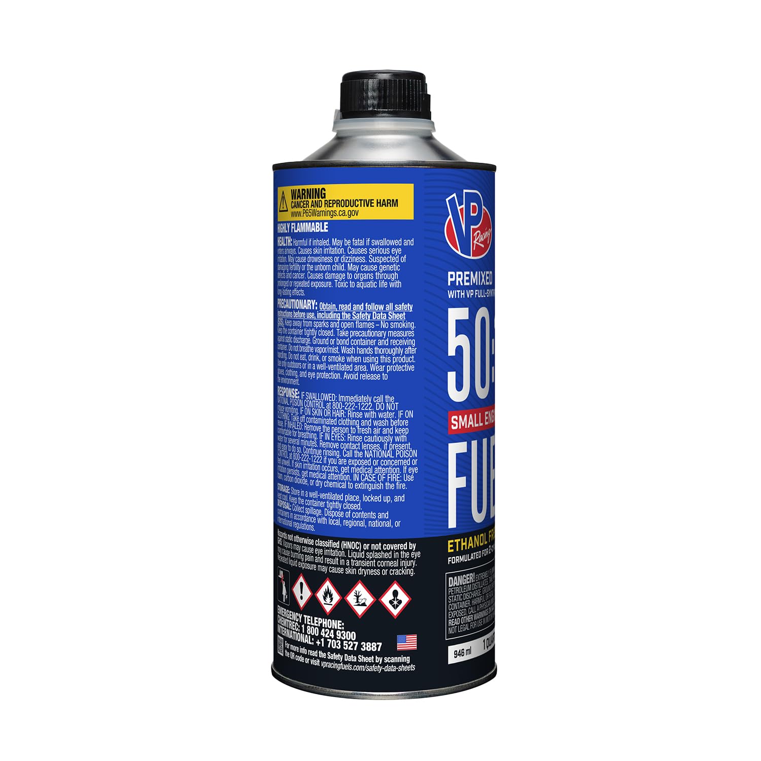 VP Racing Fuels quart next to hand showing compact portable size