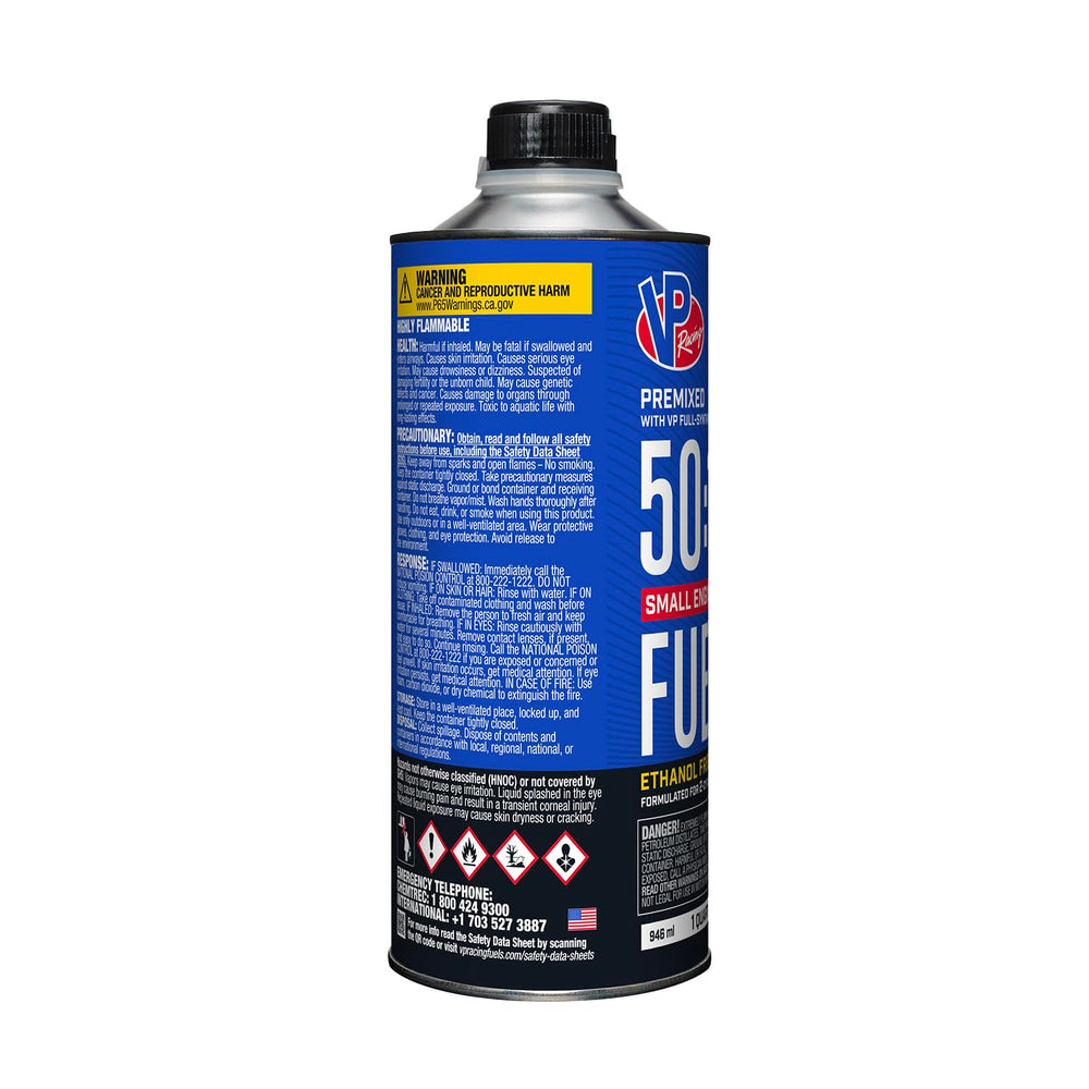 VP Racing Fuels quart next to hand showing compact portable size