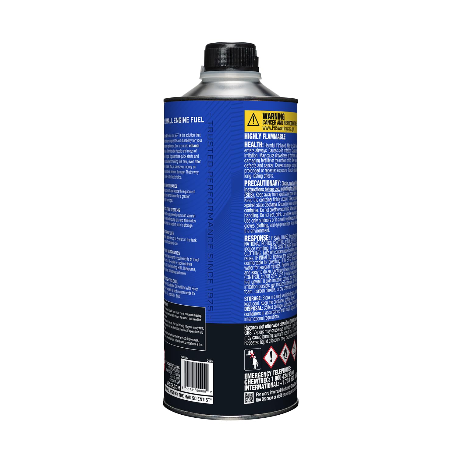 VP Racing Fuels quarts on shelf illustrating long-term sealed storage