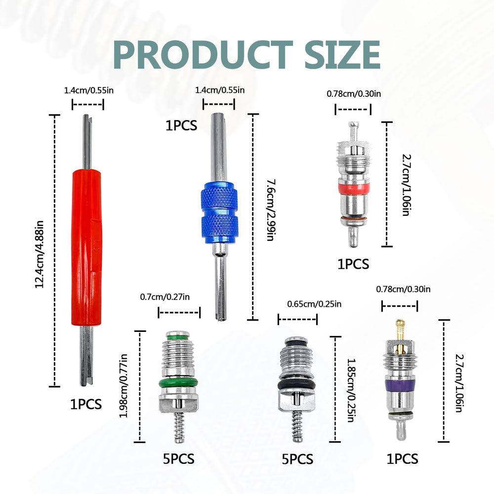 Vrasly green and black R134a valve cores close-up showing color coding benefit