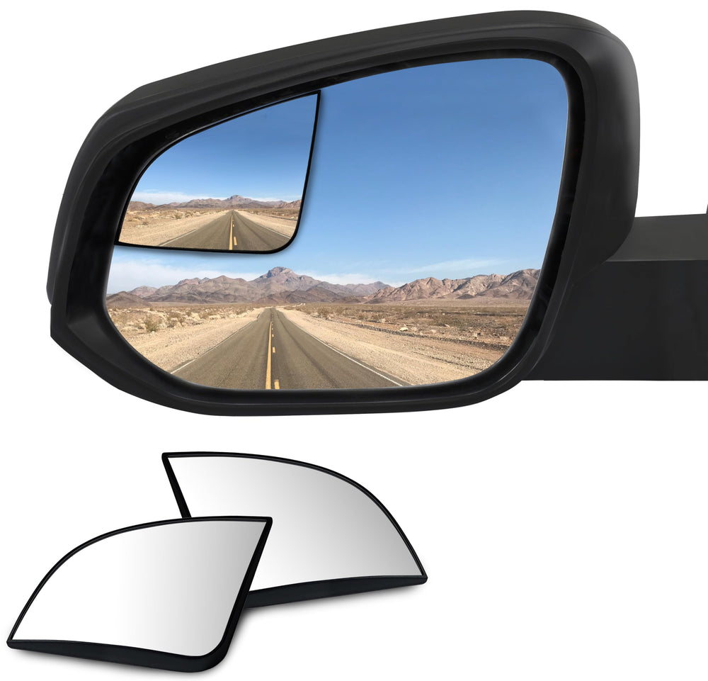 VrooeCoe front view showing two stick-on mirrors and secure 3M adhesive benefit visibility
