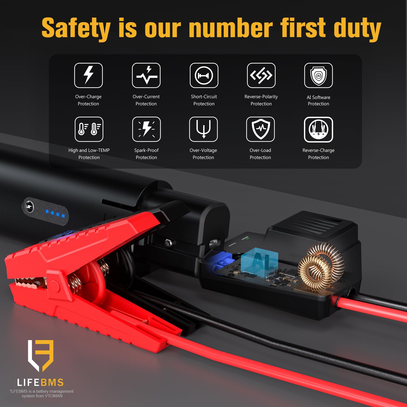 VTOMAN cable in use on car battery offering reliable emergency starts