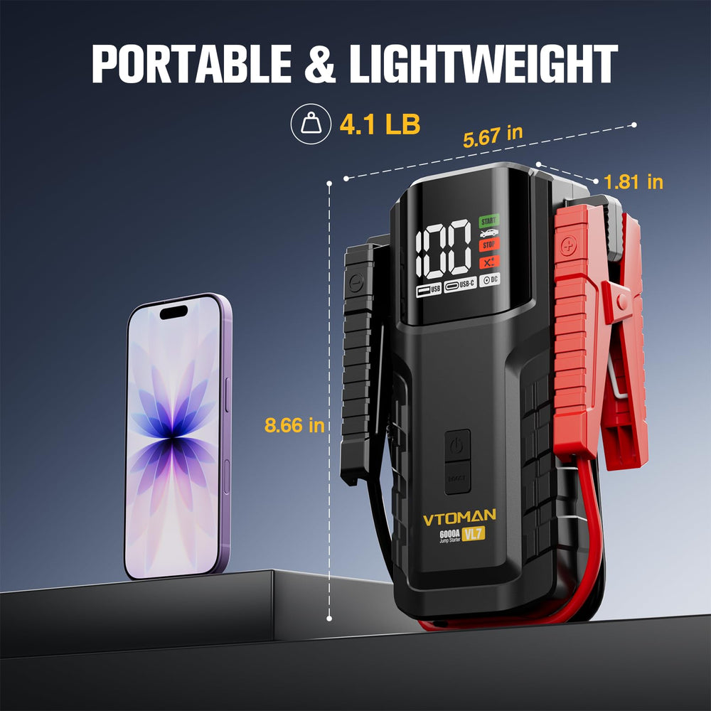 VTOMAN VL7 connected to car battery demonstrating quick, reliable engine starts