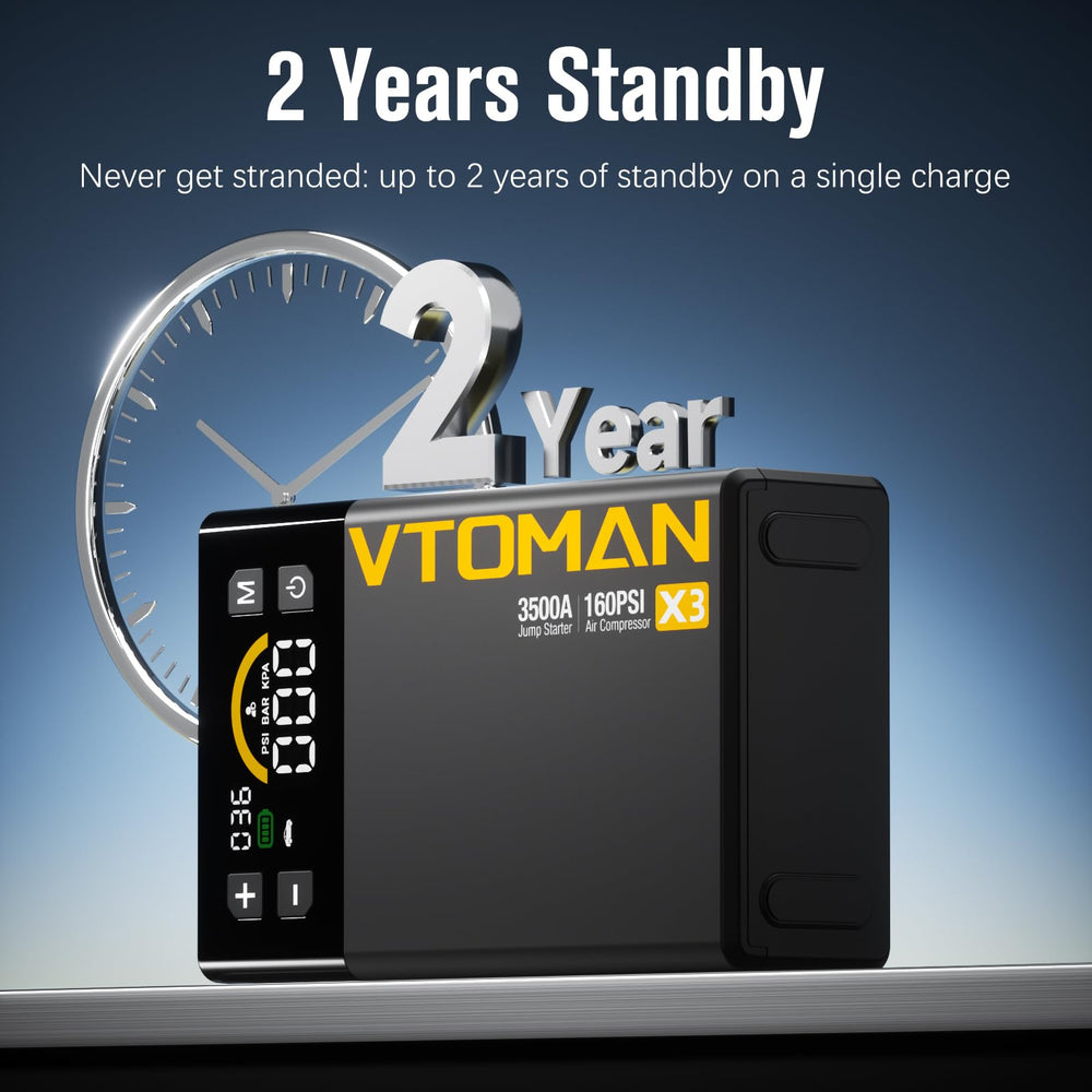 VTOMAN next to a water bottle for size and scale reference in a compact travel setup