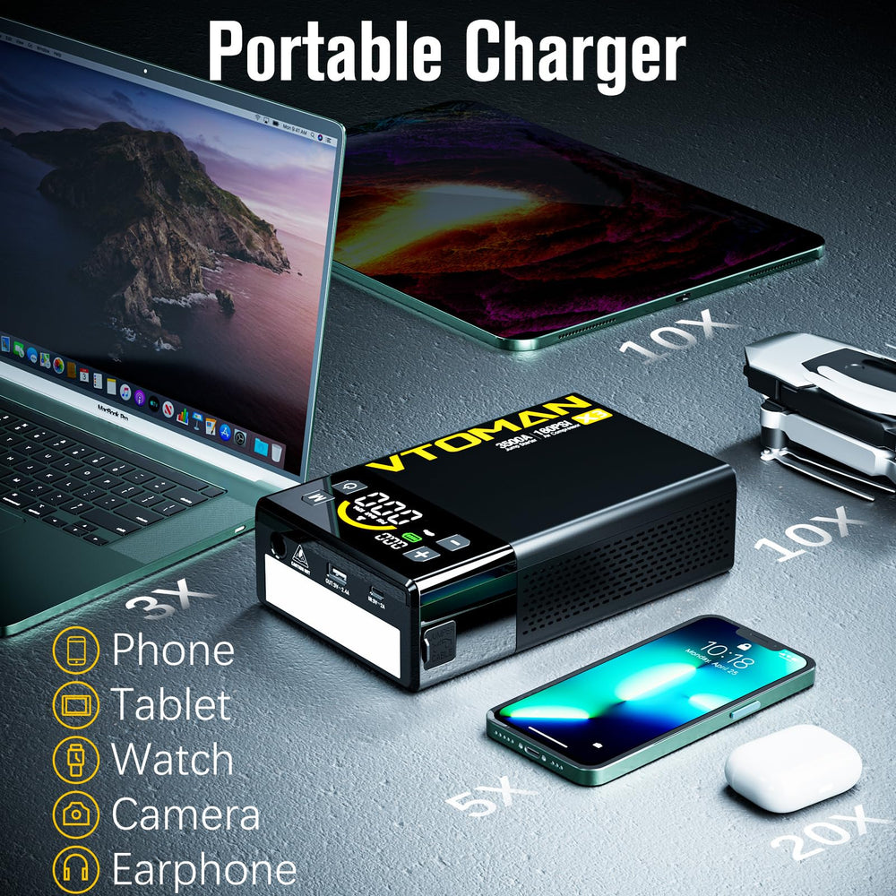 VTOMAN charging multiple devices via USB to keep phones and tablets powered on the go