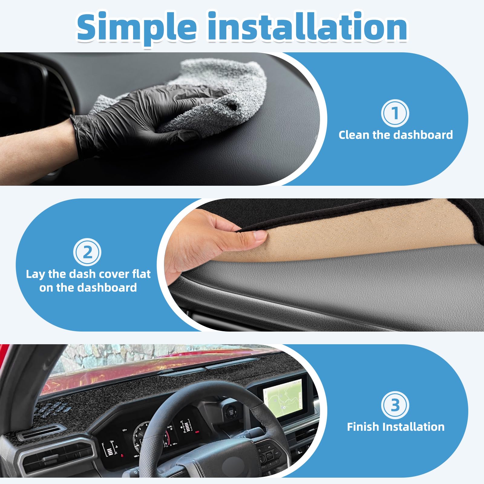 VTVWNM lifestyle shot of Tacoma interior with mat reducing sun heat and protecting dash