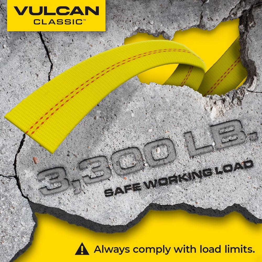 VULCAN axle straps securing a car on a flatbed for professional hauling confidence