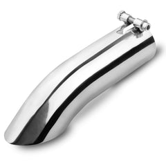 Vurkcy front view of curved exhaust tip showing polished finish and curved outlet benefit