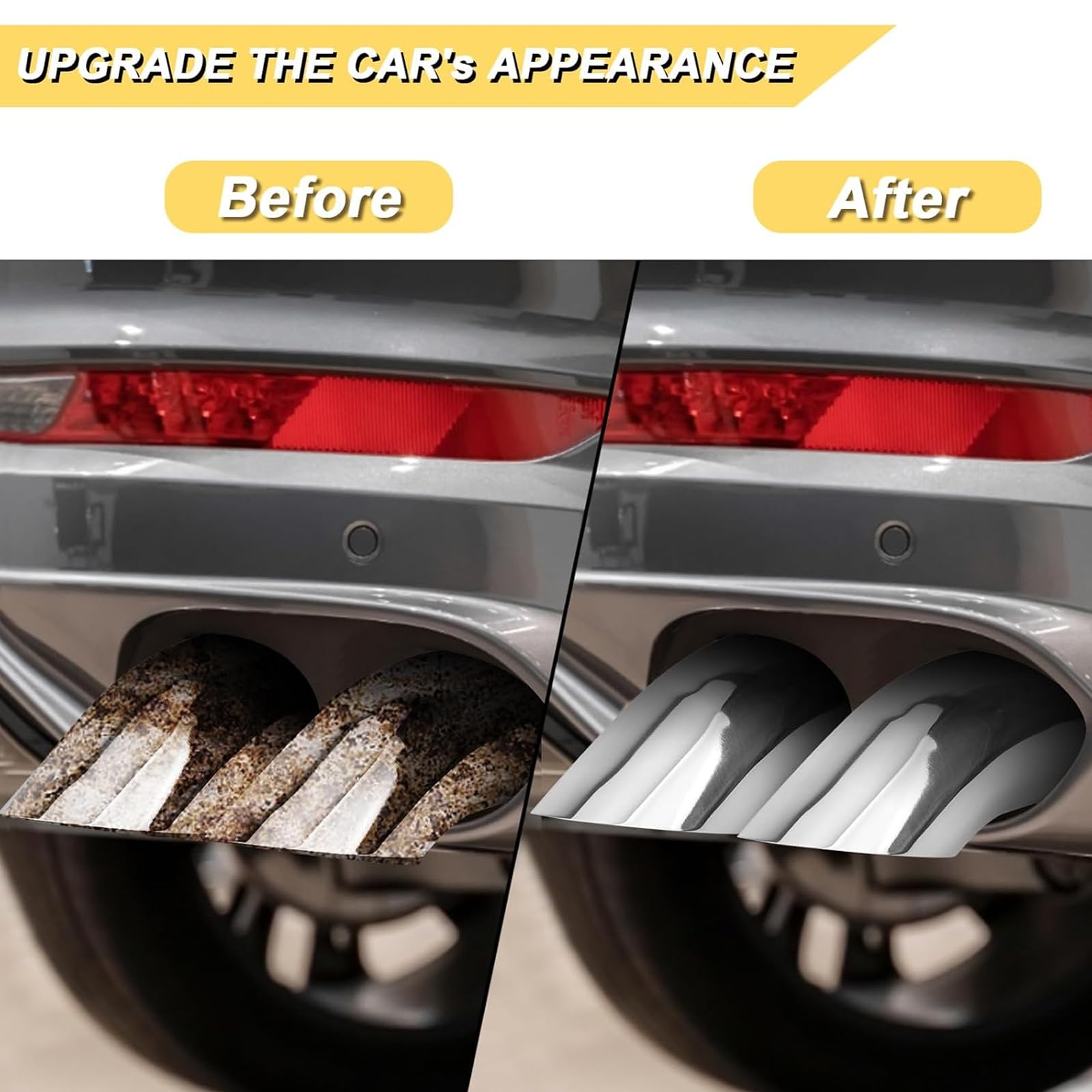Vurkcy exhaust tip installed on tailpipe showing universal fit and upgraded rear appearance benefit