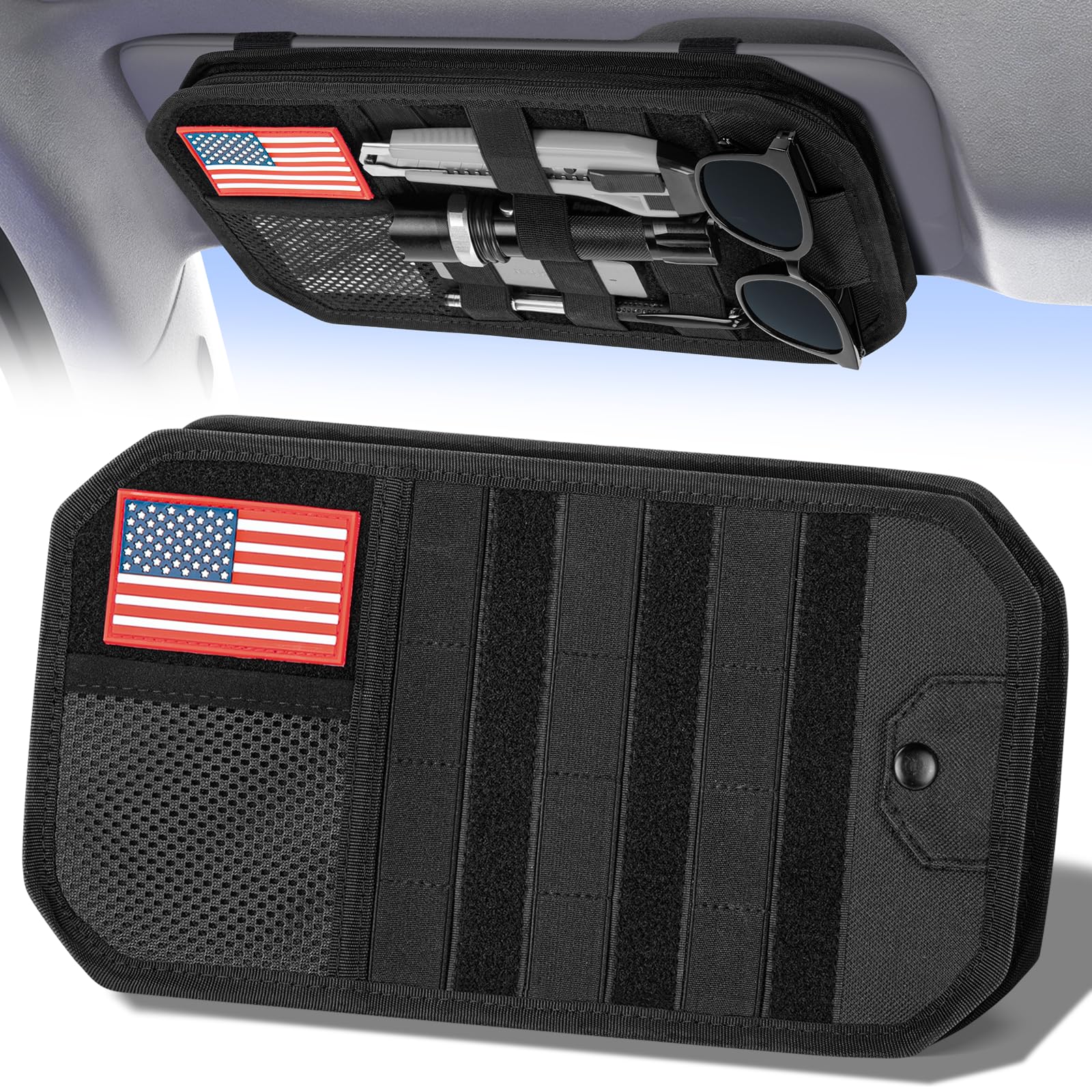 Vutirp front view of visor organizer showing pockets and zipper benefit of organized storage