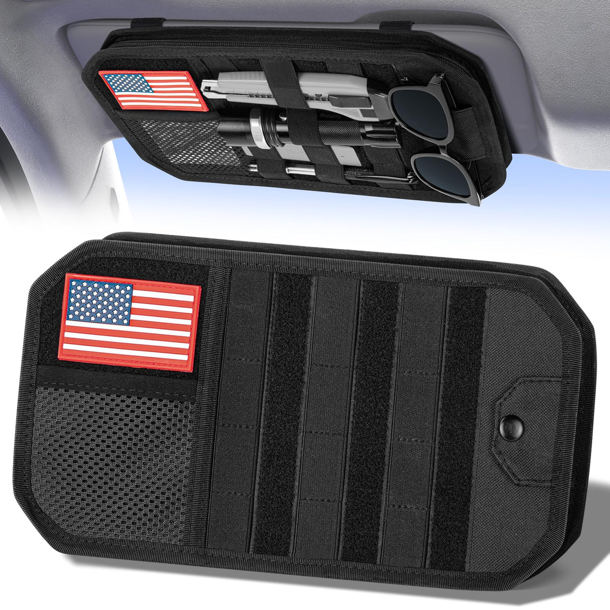 Vutirp front view of visor organizer showing pockets and zipper benefit of organized storage