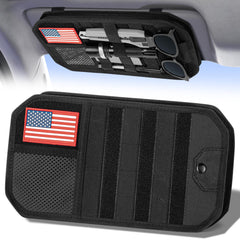 Vutirp front view of visor organizer showing pockets and zipper benefit of organized storage