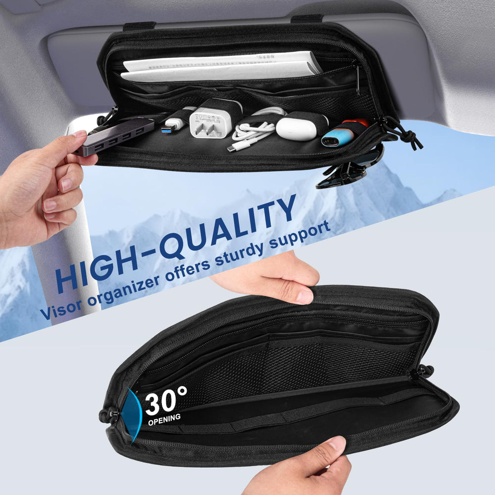 Vutirp mounted on vehicle visor side view keeping essentials reachable while driving