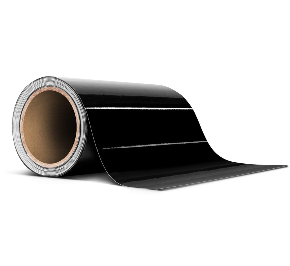 VViViD black gloss roll front view showing label and neat edge, highlights ease of use
