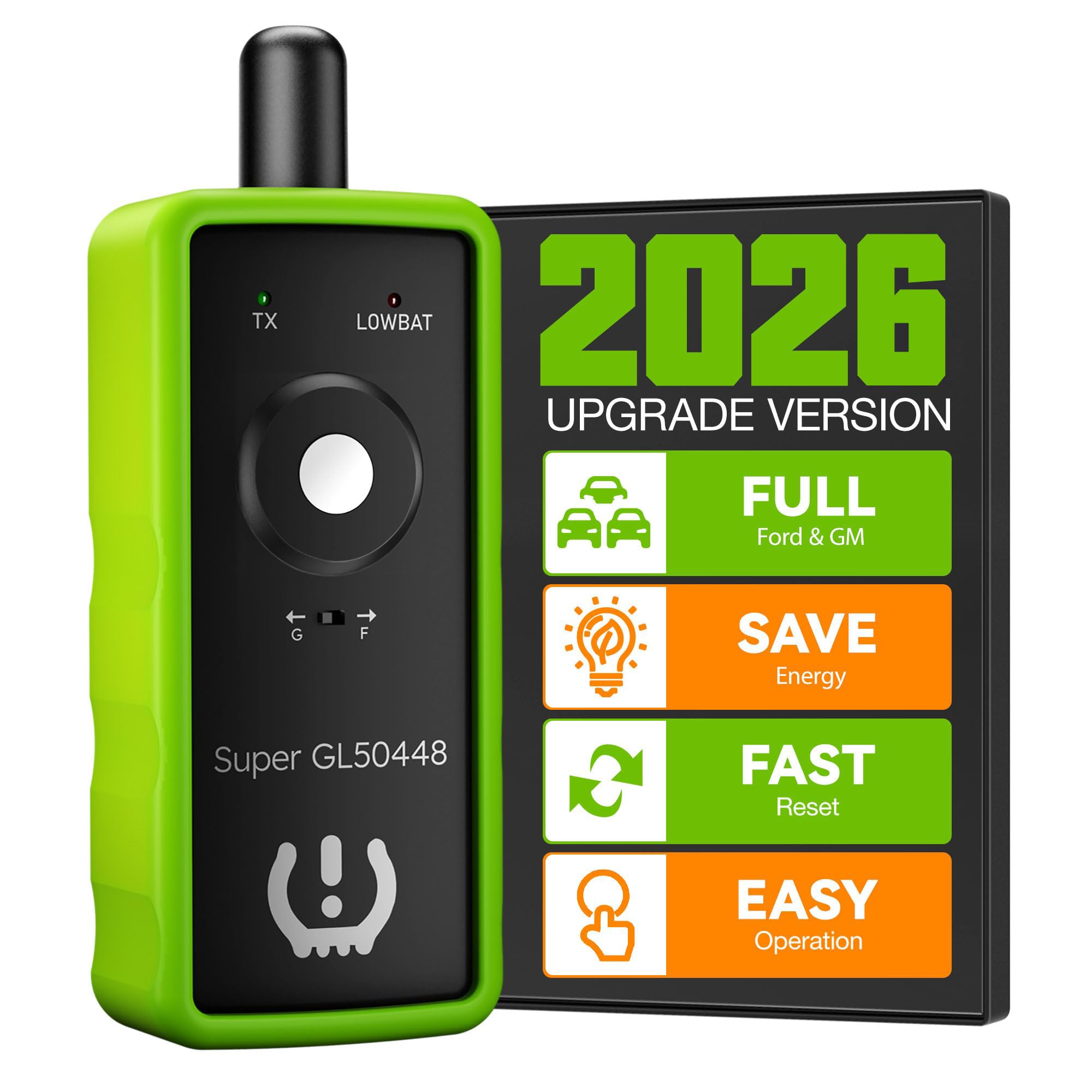 VXDAS front view of the green 2-in-1 TPMS tool showing controls and display, simplifies sensor resets
