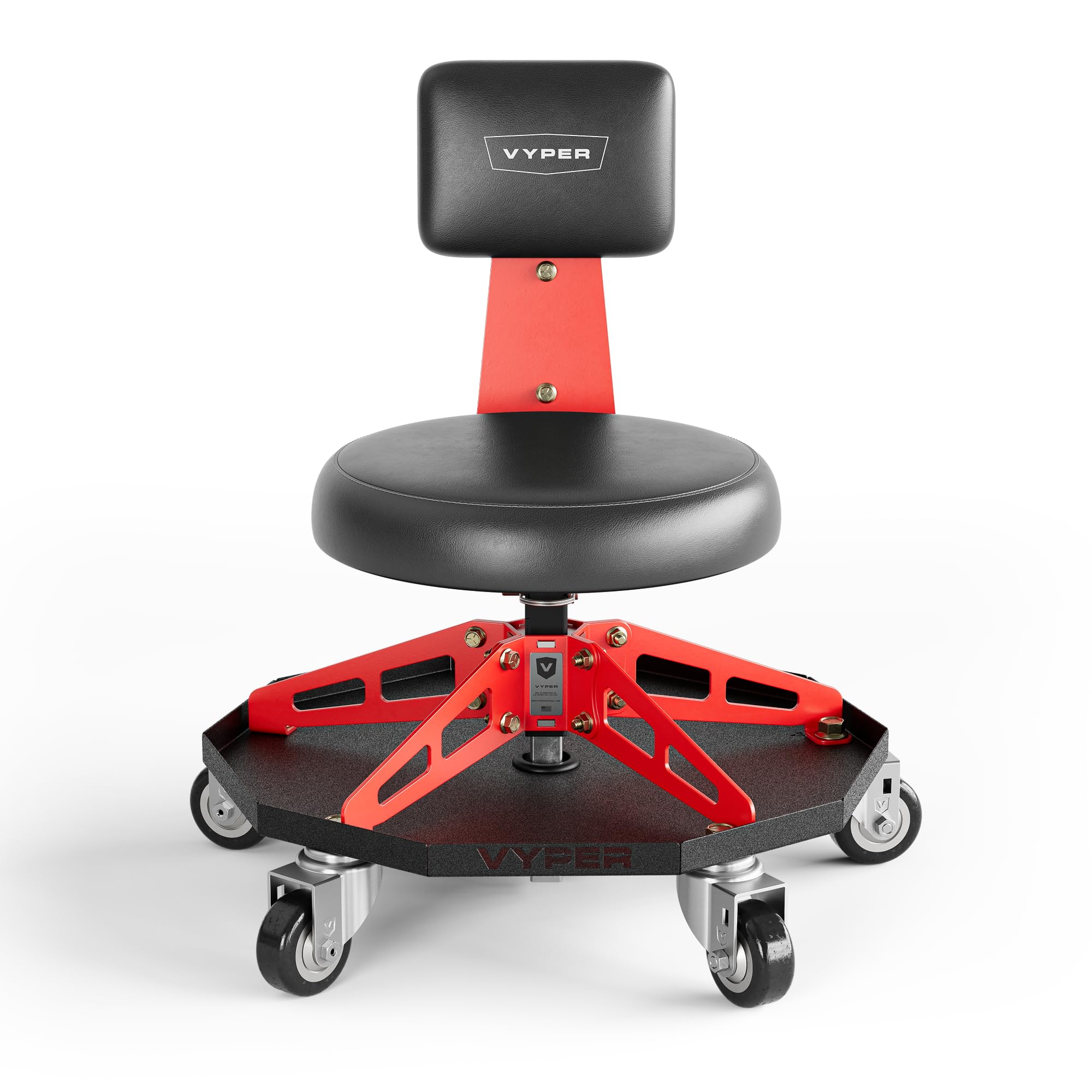 Vyper front view black seat red frame showing sturdy build and pro-ready comfort