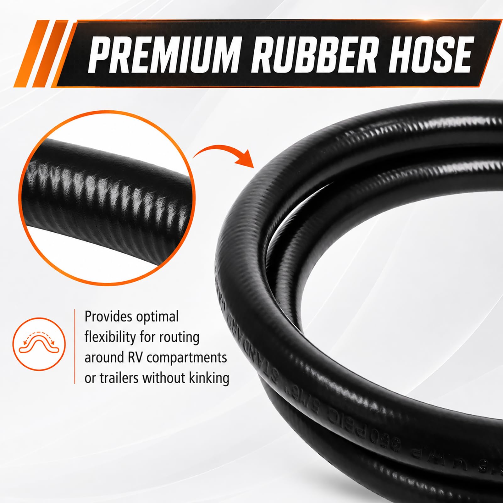 Wadoy hose connected to RV stove demonstrating convenient hookup and space saving