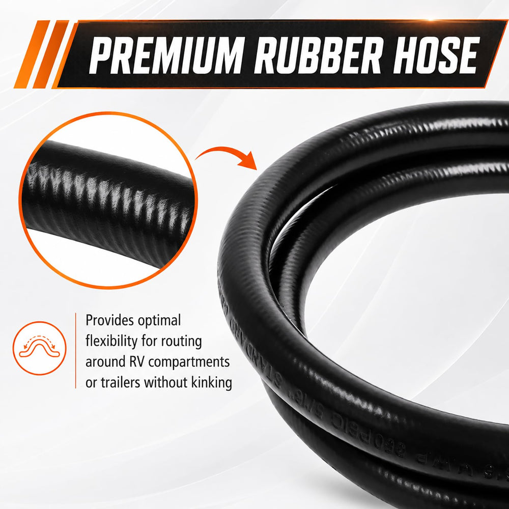 Wadoy hose connected to RV stove demonstrating convenient hookup and space saving