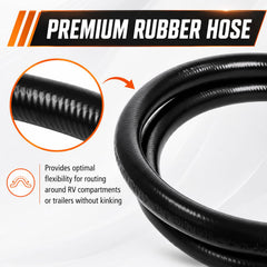 Wadoy hose connected to RV stove demonstrating convenient hookup and space saving