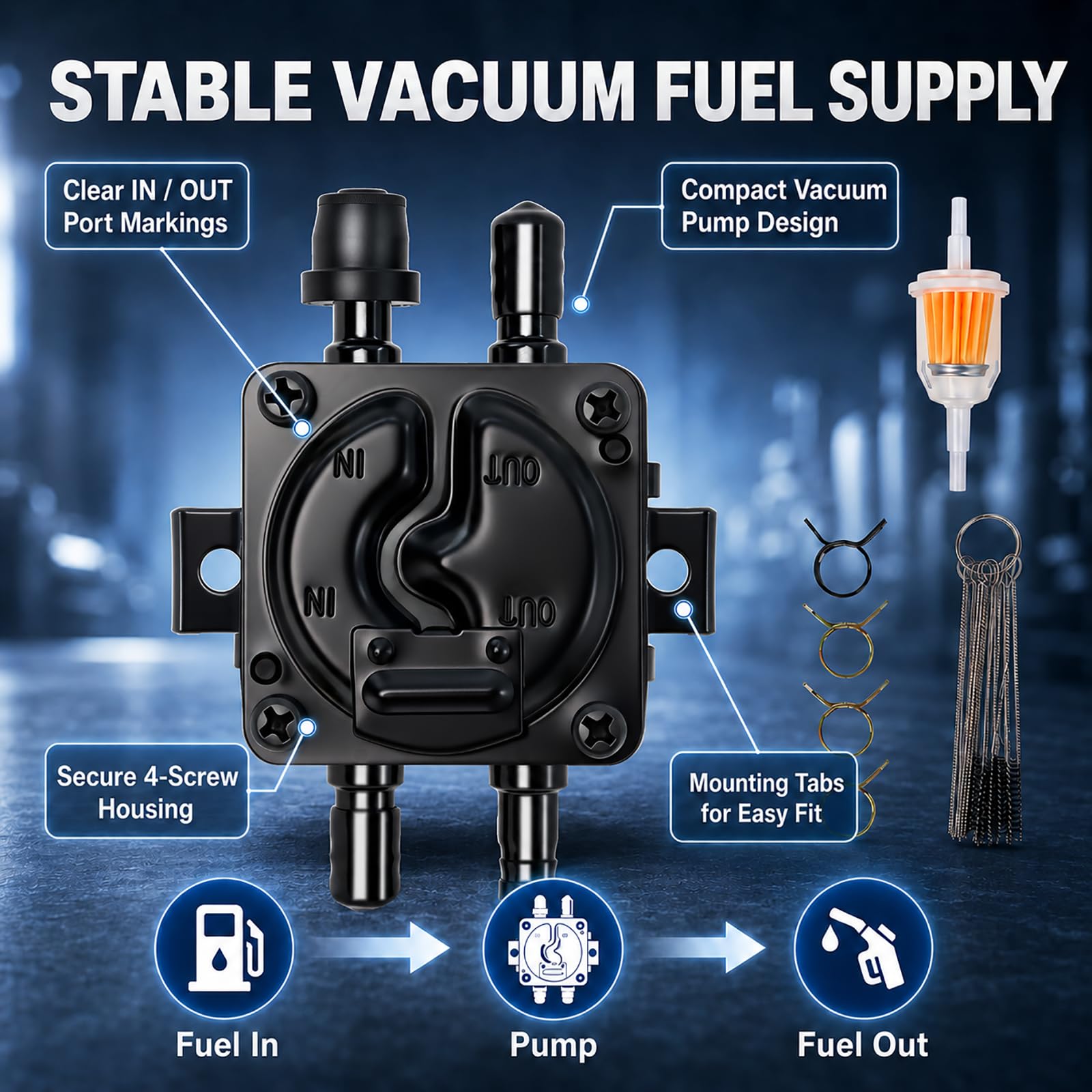 Wadoy pump next to a ruler showing compact dimensions for space-limited engine bays