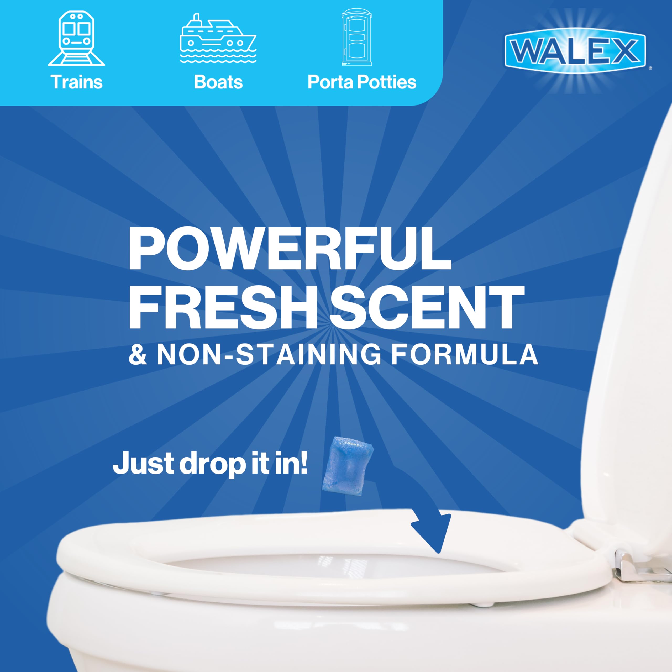 Walex packet being added to a portable toilet demonstrating easy application