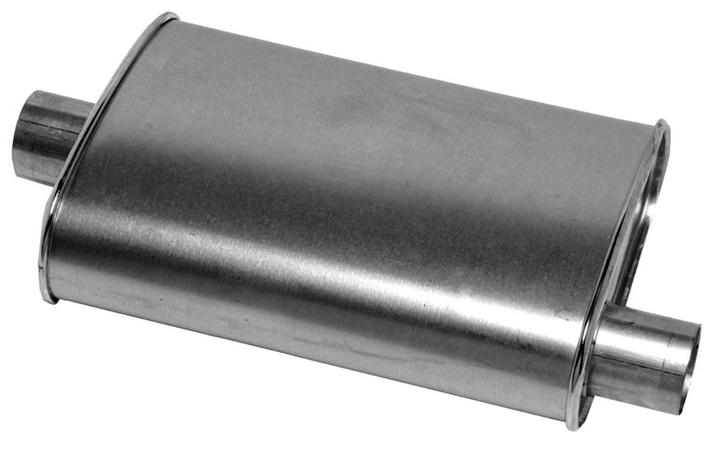 Walker muffler front profile showing whole unit and fitment benefit
