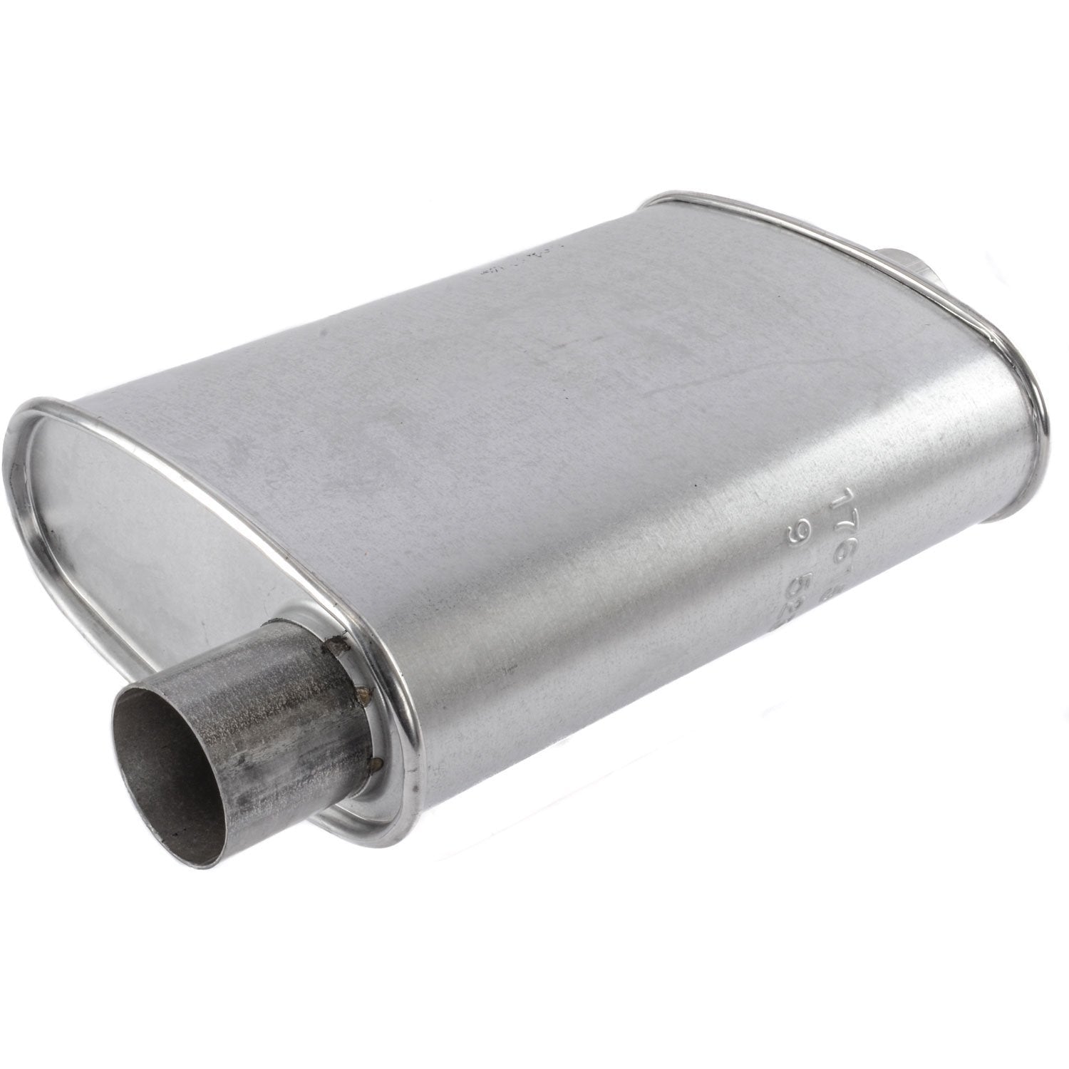 Walker muffler weld detail highlighting spot-welded bushings stability benefit