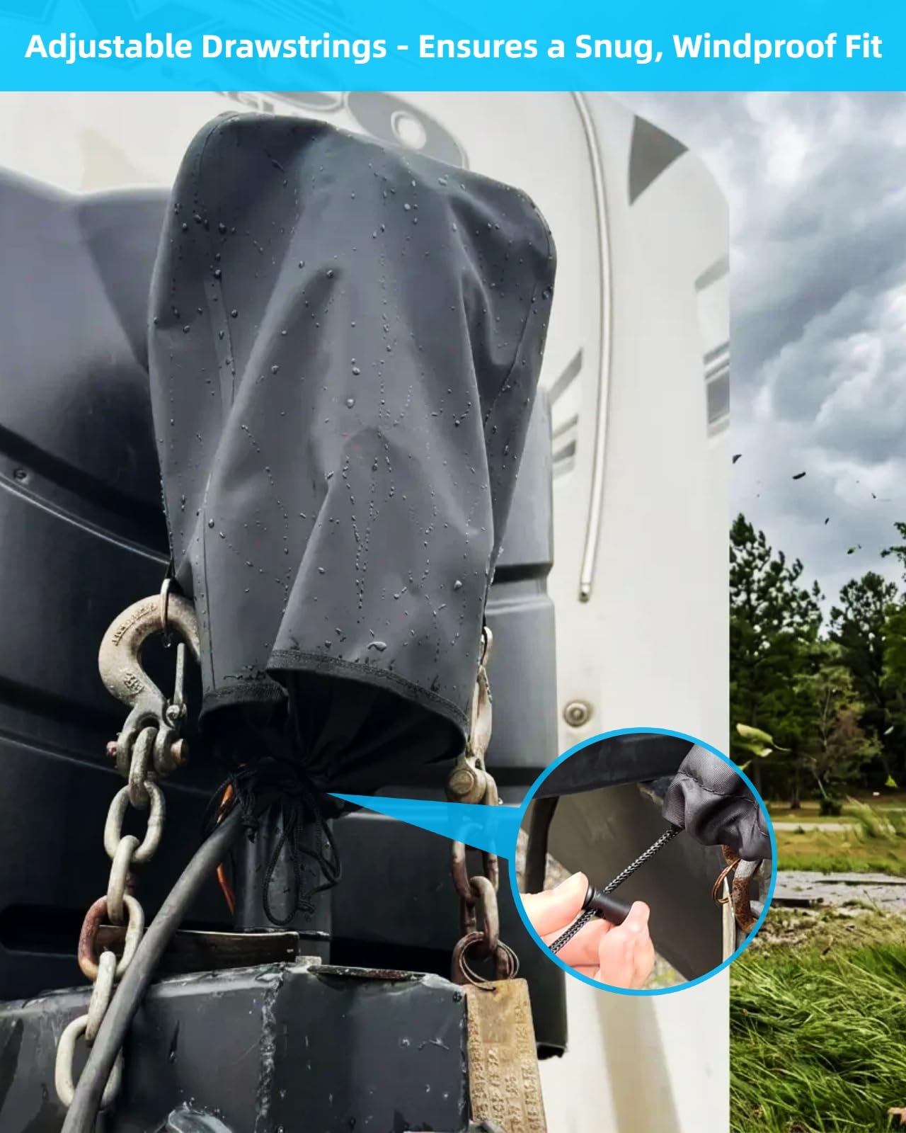 WanDwel installed on RV jack protecting motor and wiring from moisture