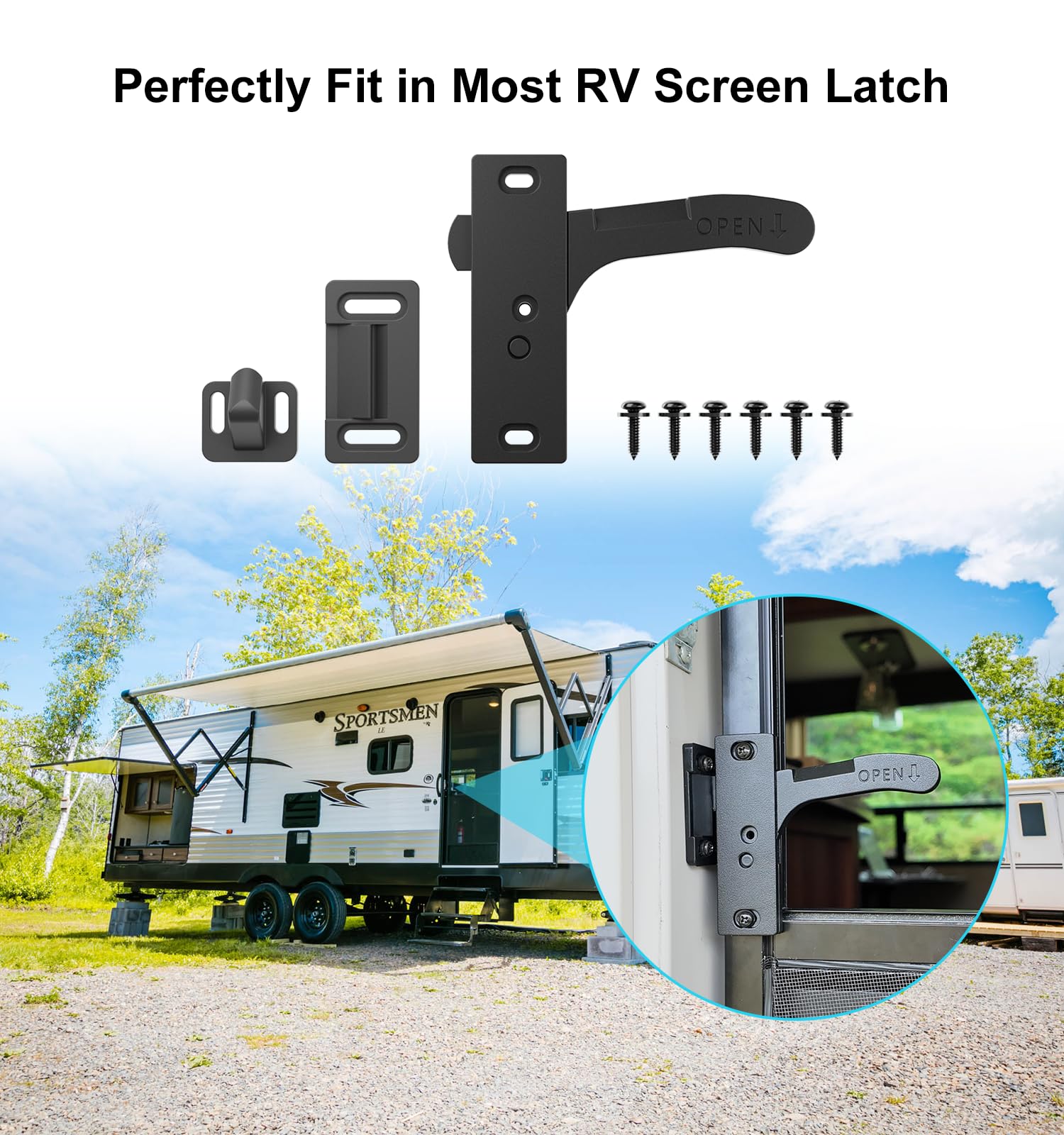 WanDwel lifestyle camper door setup showing durable latch on passenger-side screen