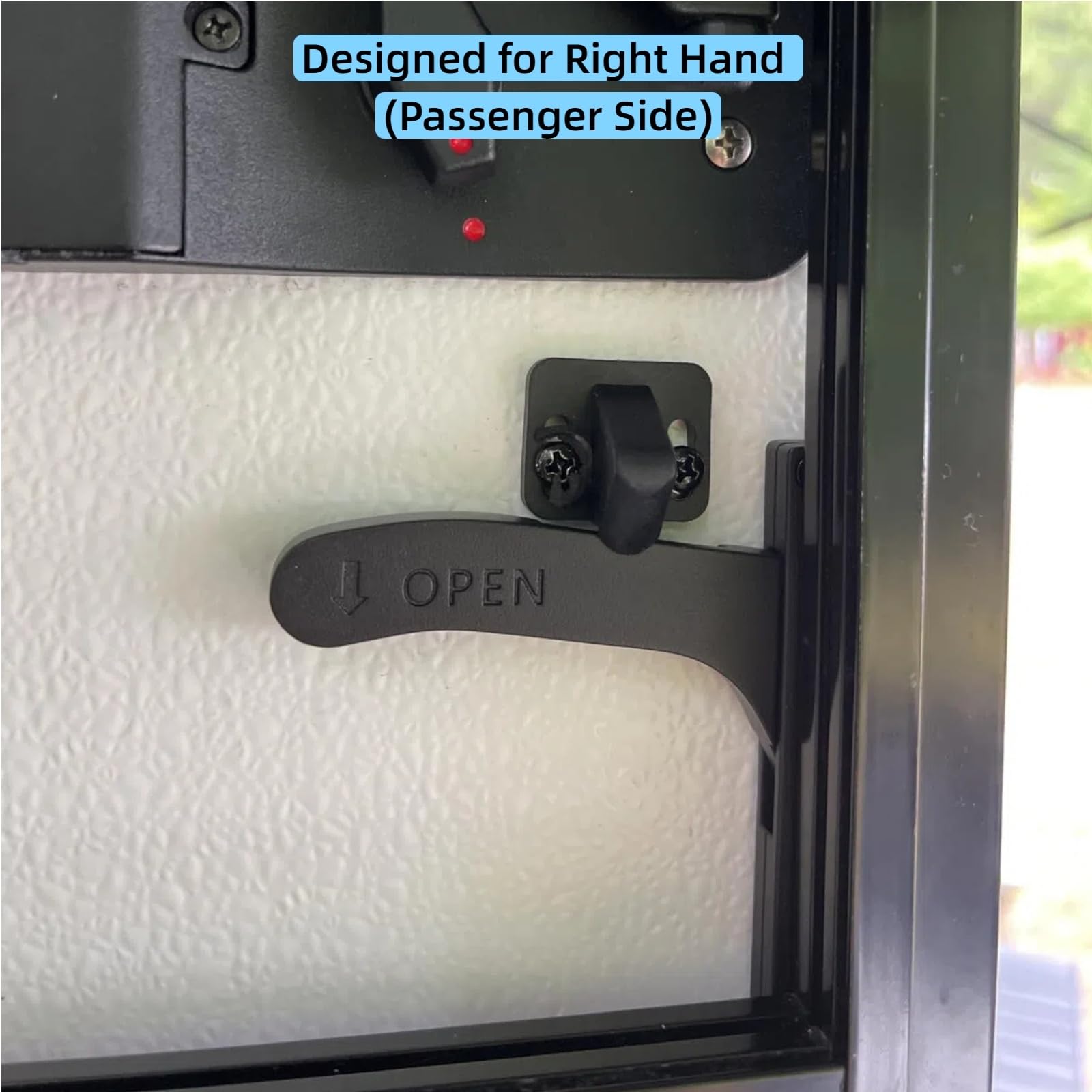 WanDwel mounted on RV screen in use demonstrating easy access and secure closure