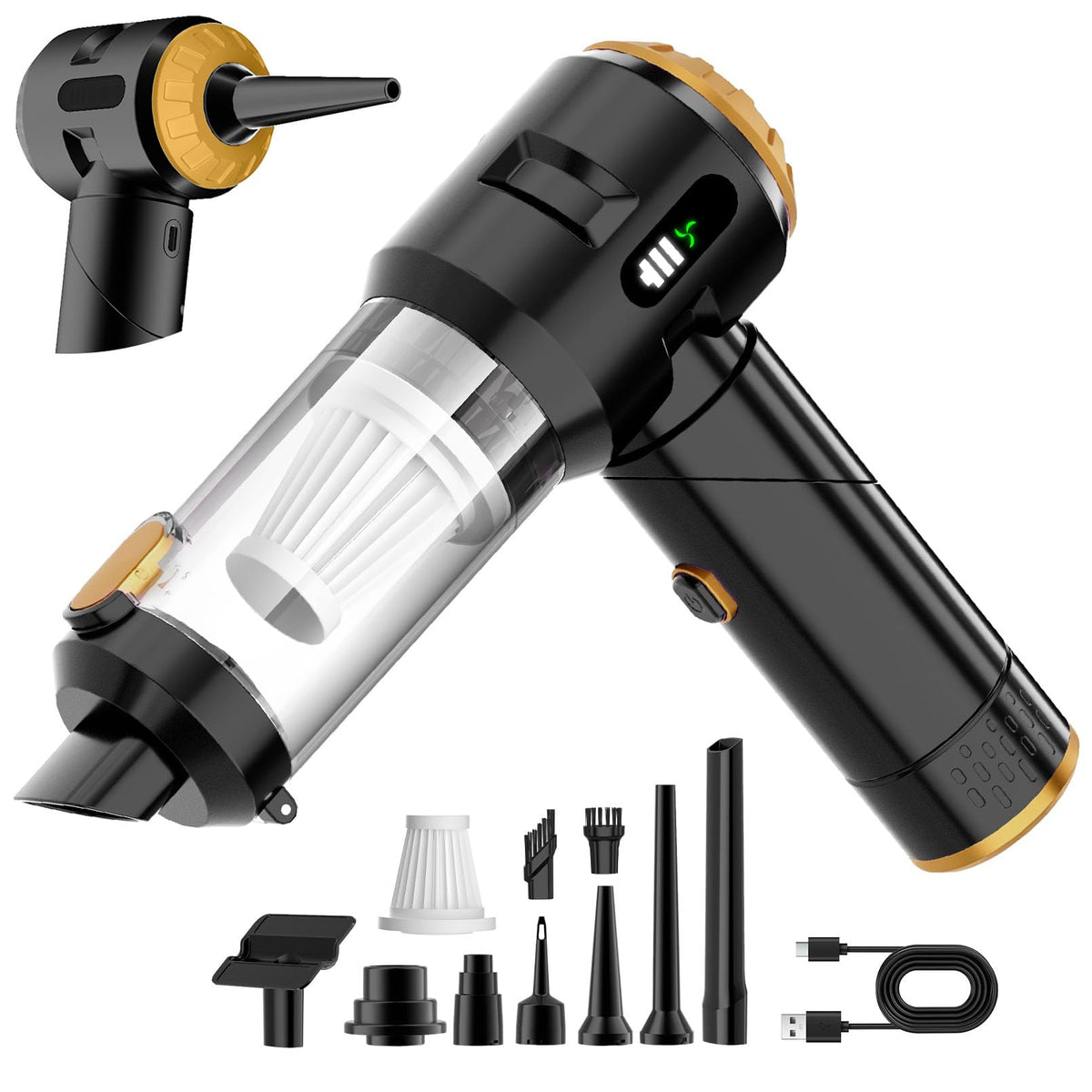 Wansimoo handheld vacuum front view showing sleek gold finish and compact design benefit rapid storage