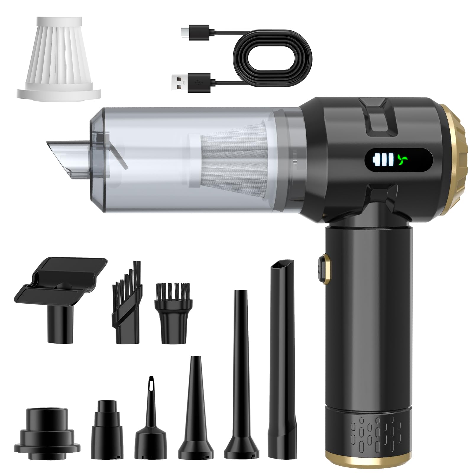 Wansimoo front view gold handheld vacuum showing compact design and portability