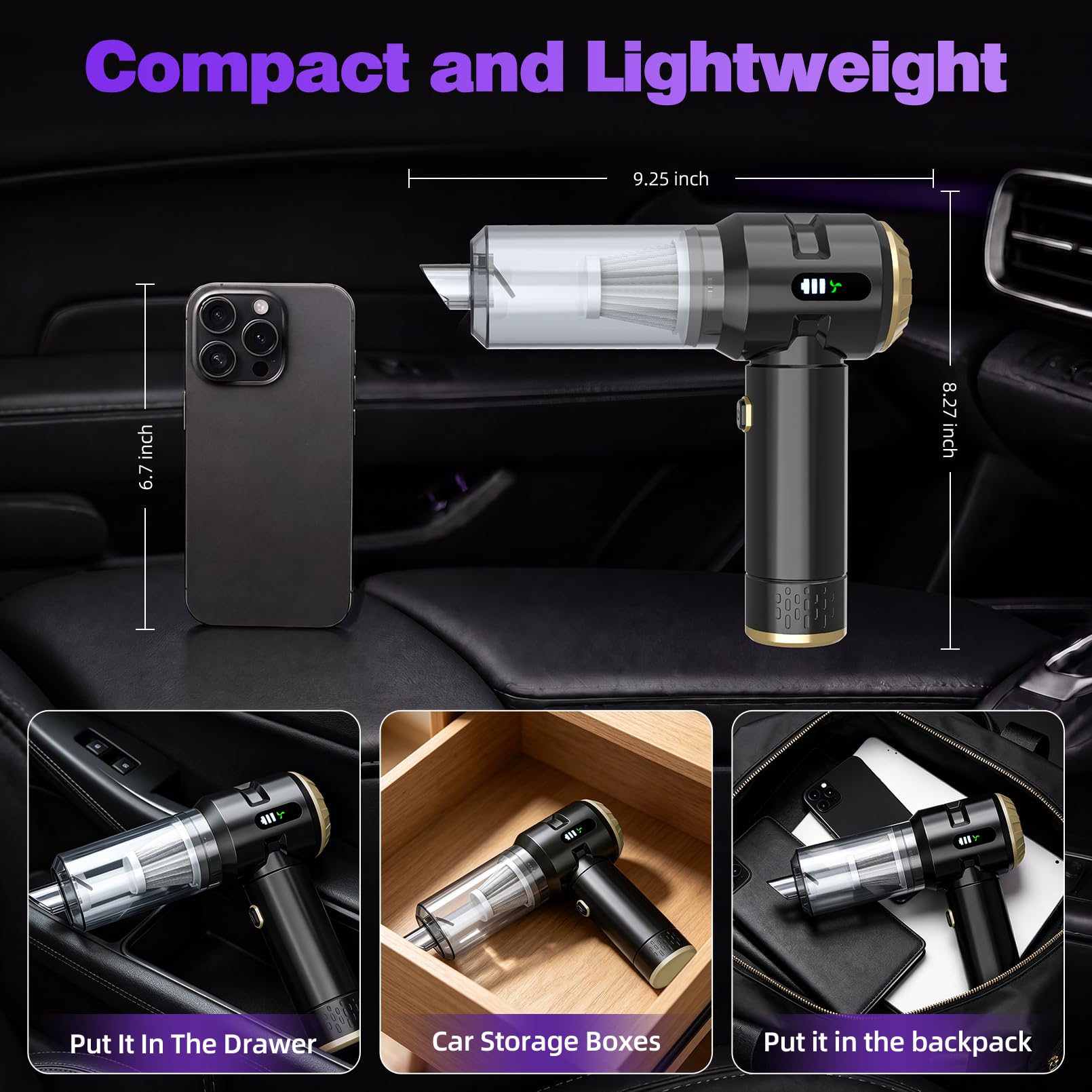 Wansimoo cleaning car seat crevice demonstrating strong suction and convenience