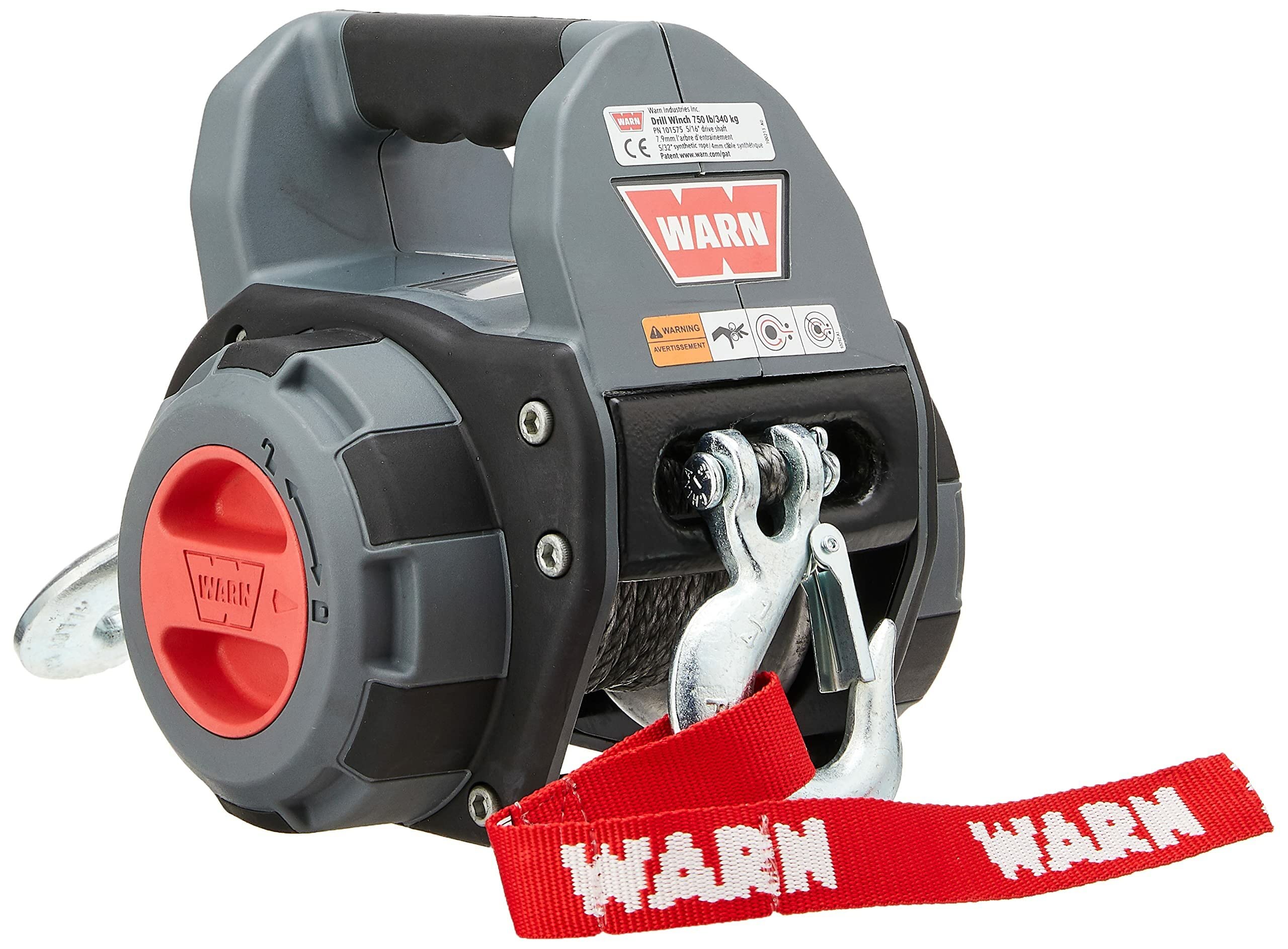 WARN Drill Winch next to drill and hands for scale showing travel-friendly size