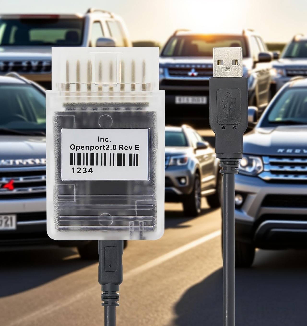 Washinglee cable with USB lead and OBD2 plug connected, enabling ECU flashing and diagnostics
